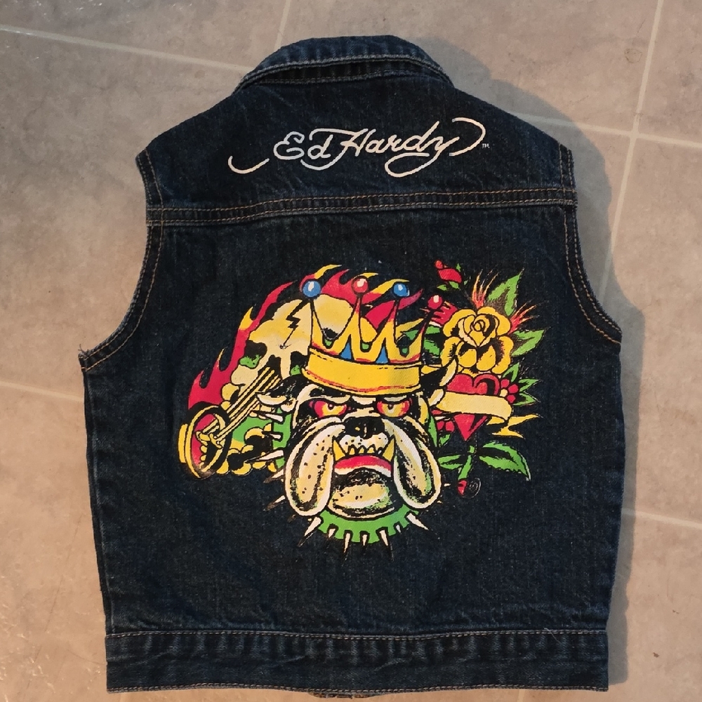 Ed Hardy 2T Kids Boys Denim Vest with Bulldog and Crown Design